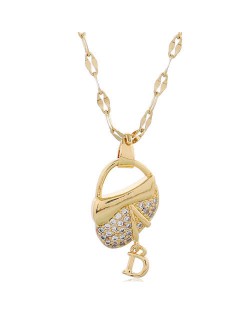 Cubic Zirconia Embellished High Fashion Handbag Pendant Women Copper Statement Necklace - Golden