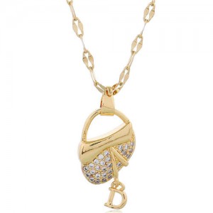 Cubic Zirconia Embellished High Fashion Handbag Pendant Women Copper Statement Necklace - Golden