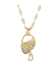 Cubic Zirconia Embellished High Fashion Handbag Pendant Women Copper Statement Necklace - Golden