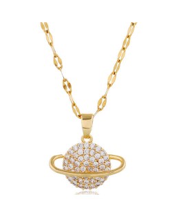 Cubic Zirconia Planet Pendant Unique Fashion Costume Necklace - Golden