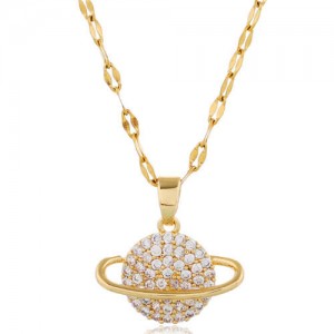Cubic Zirconia Planet Pendant Unique Fashion Costume Necklace - Golden