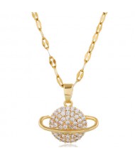 Cubic Zirconia Planet Pendant Unique Fashion Costume Necklace - Golden