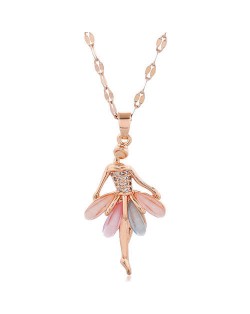 Cubic Zirconia Ballet Dancer Pendant Korean Fashion Women Copper Costume Necklace - Rose Gold