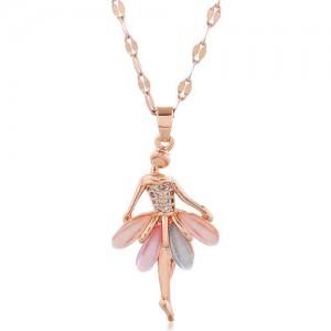 Cubic Zirconia Ballet Dancer Pendant Korean Fashion Women Copper Costume Necklace - Rose Gold