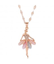 Cubic Zirconia Ballet Dancer Pendant Korean Fashion Women Copper Costume Necklace - Rose Gold
