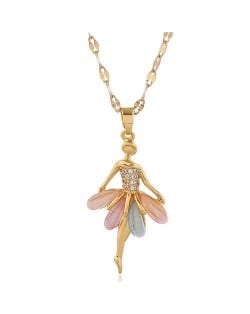 Cubic Zirconia Ballet Dancer Pendant Korean Fashion Women Copper Costume Necklace - Golden
