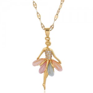 Cubic Zirconia Ballet Dancer Pendant Korean Fashion Women Copper Costume Necklace - Golden