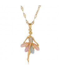 Cubic Zirconia Ballet Dancer Pendant Korean Fashion Women Copper Costume Necklace - Golden