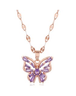 Korean Fashion Cubic Zirconia Hollow Butterfly Pendant Women Copper Necklace - Purple