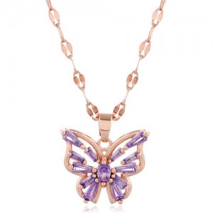 Korean Fashion Cubic Zirconia Hollow Butterfly Pendant Women Copper Necklace - Purple