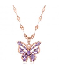 Korean Fashion Cubic Zirconia Hollow Butterfly Pendant Women Copper Necklace - Purple