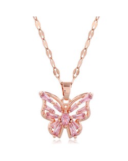 Korean Fashion Cubic Zirconia Hollow Butterfly Pendant Women Copper Necklace - Pink