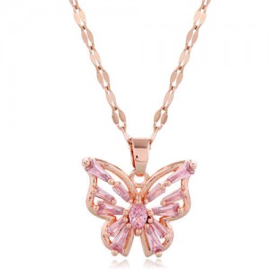 Korean Fashion Cubic Zirconia Hollow Butterfly Pendant Women Copper Necklace - Pink