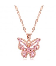 Korean Fashion Cubic Zirconia Hollow Butterfly Pendant Women Copper Necklace - Pink