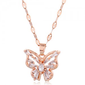 Korean Fashion Cubic Zirconia Hollow Butterfly Pendant Women Copper Necklace - Transparent