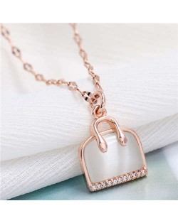 Opal and Cubic Zirconia Embellished Handbag Pendant High Fashion Women Copper Necklace - Rose Gold
