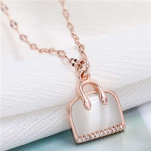 Opal and Cubic Zirconia Embellished Handbag Pendant High Fashion Women Copper Necklace - Rose Gold