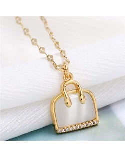 Opal and Cubic Zirconia Embellished Handbag Pendant High Fashion Women Copper Necklace - Golden