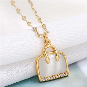 Opal and Cubic Zirconia Embellished Handbag Pendant High Fashion Women Copper Necklace - Golden