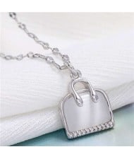 Opal and Cubic Zirconia Embellished Handbag Pendant High Fashion Women Copper Necklace - Silver