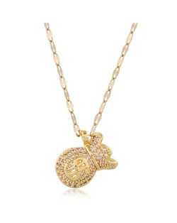 Cubic Zirconia Money Bag Pendant High Fashion Women Necklace - Golden