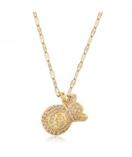 Cubic Zirconia Money Bag Pendant High Fashion Women Necklace - Golden