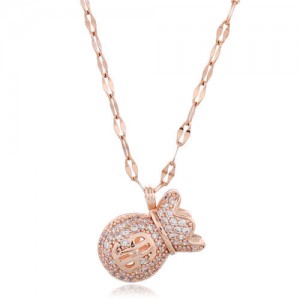 Cubic Zirconia Money Bag Pendant High Fashion Women Necklace - Rose Gold