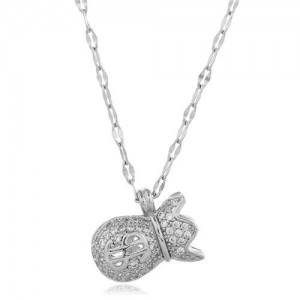 Cubic Zirconia Money Bag Pendant High Fashion Women Necklace - Silver