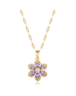 Cubic Zirconia Glistening Flower Pendant Korean Fashion Women Copper Costume Necklace - Golden and Purple