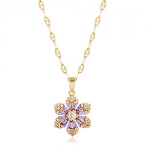 Cubic Zirconia Glistening Flower Pendant Korean Fashion Women Copper Costume Necklace - Golden and Purple