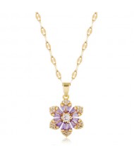 Cubic Zirconia Glistening Flower Pendant Korean Fashion Women Copper Costume Necklace - Golden and Purple