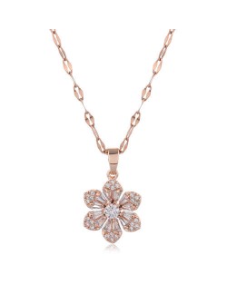 Cubic Zirconia Glistening Flower Pendant Korean Fashion Women Copper Costume Necklace - Transparent