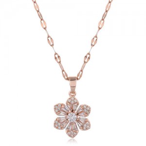 Cubic Zirconia Glistening Flower Pendant Korean Fashion Women Copper Costume Necklace - Transparent