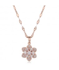 Cubic Zirconia Glistening Flower Pendant Korean Fashion Women Copper Costume Necklace - Transparent