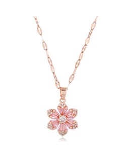 Cubic Zirconia Glistening Flower Pendant Korean Fashion Women Copper Costume Necklace - Pink