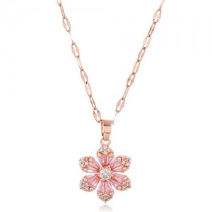 Cubic Zirconia Glistening Flower Pendant Korean Fashion Women Copper Costume Necklace - Pink
