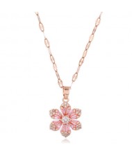 Cubic Zirconia Glistening Flower Pendant Korean Fashion Women Copper Costume Necklace - Pink