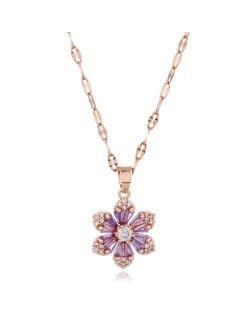 Cubic Zirconia Glistening Flower Pendant Korean Fashion Women Copper Costume Necklace - Rose Gold and Purple