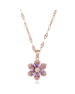 Cubic Zirconia Glistening Flower Pendant Korean Fashion Women Copper Costume Necklace - Rose Gold and Purple