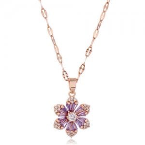 Cubic Zirconia Glistening Flower Pendant Korean Fashion Women Copper Costume Necklace - Rose Gold and Purple