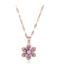 Cubic Zirconia Glistening Flower Pendant Korean Fashion Women Copper Costume Necklace - Rose Gold and Purple