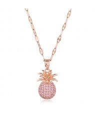 Cubic Zirconia Pineapple Pendant Women Copper Fashion Necklace - Pink