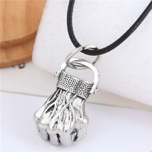 Vintage Silver Fist Pendant Punk Fashion Rope Necklace