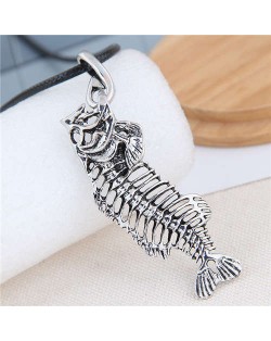 Silver Fish Bone Pendant Vintage Fashion Rope Necklace
