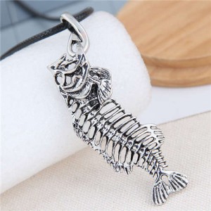 Silver Fish Bone Pendant Vintage Fashion Rope Necklace
