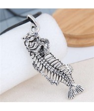 Silver Fish Bone Pendant Vintage Fashion Rope Necklace