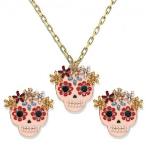 Halloween Fashion Pinky Skulls Alloy Necklace and Earrings Set