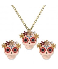 Halloween Fashion Pinky Skulls Alloy Necklace and Earrings Set