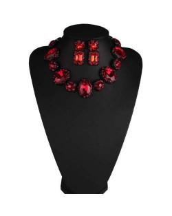 Luxurious High Fashion Rhinestone Bold Style Short Costume Necklace and Earrings Set - Red