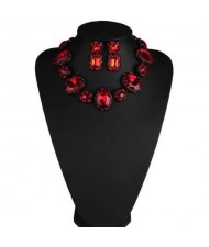 Luxurious High Fashion Rhinestone Bold Style Short Costume Necklace and Earrings Set - Red